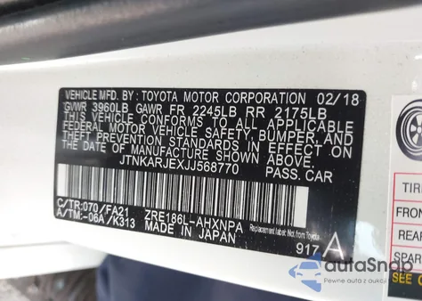 2018 Toyota Corolla Im z USA, uszkodzony, nr VIN JTNKARJEXJJ568770